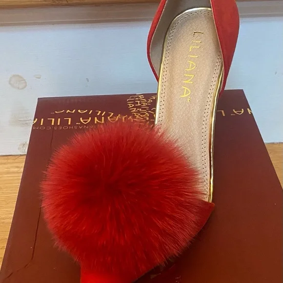 Red Selina High Heel Stiletto with Rabbit Fur Pom Pom by Liliana Size 8 - Picture 2 of 5